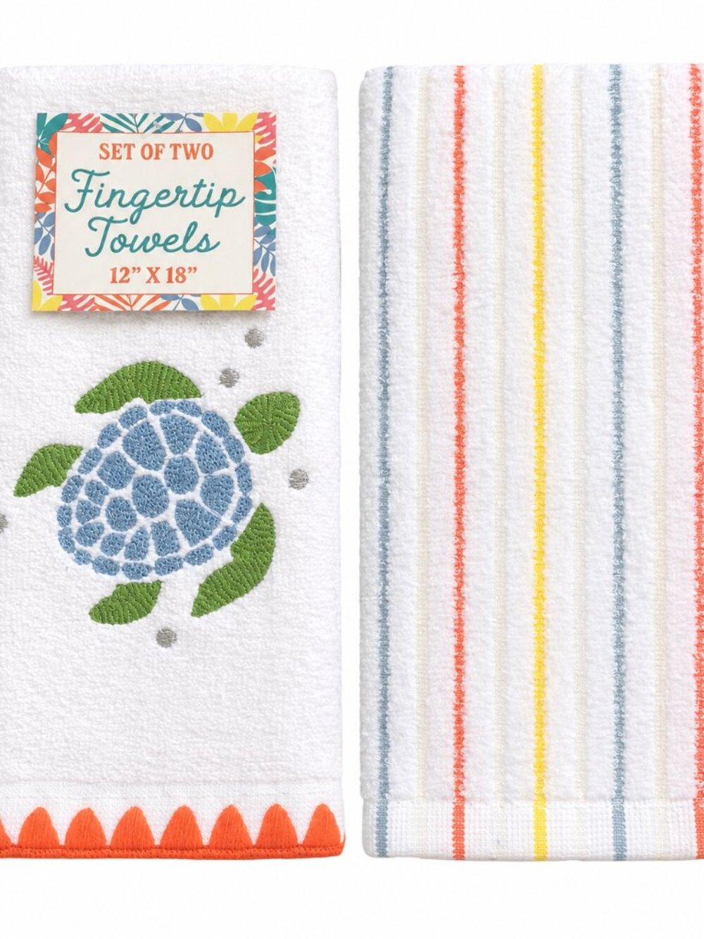 Sea Turtle Striped Fingertip Towels Embroidered Beach House Bathroom Set of 2